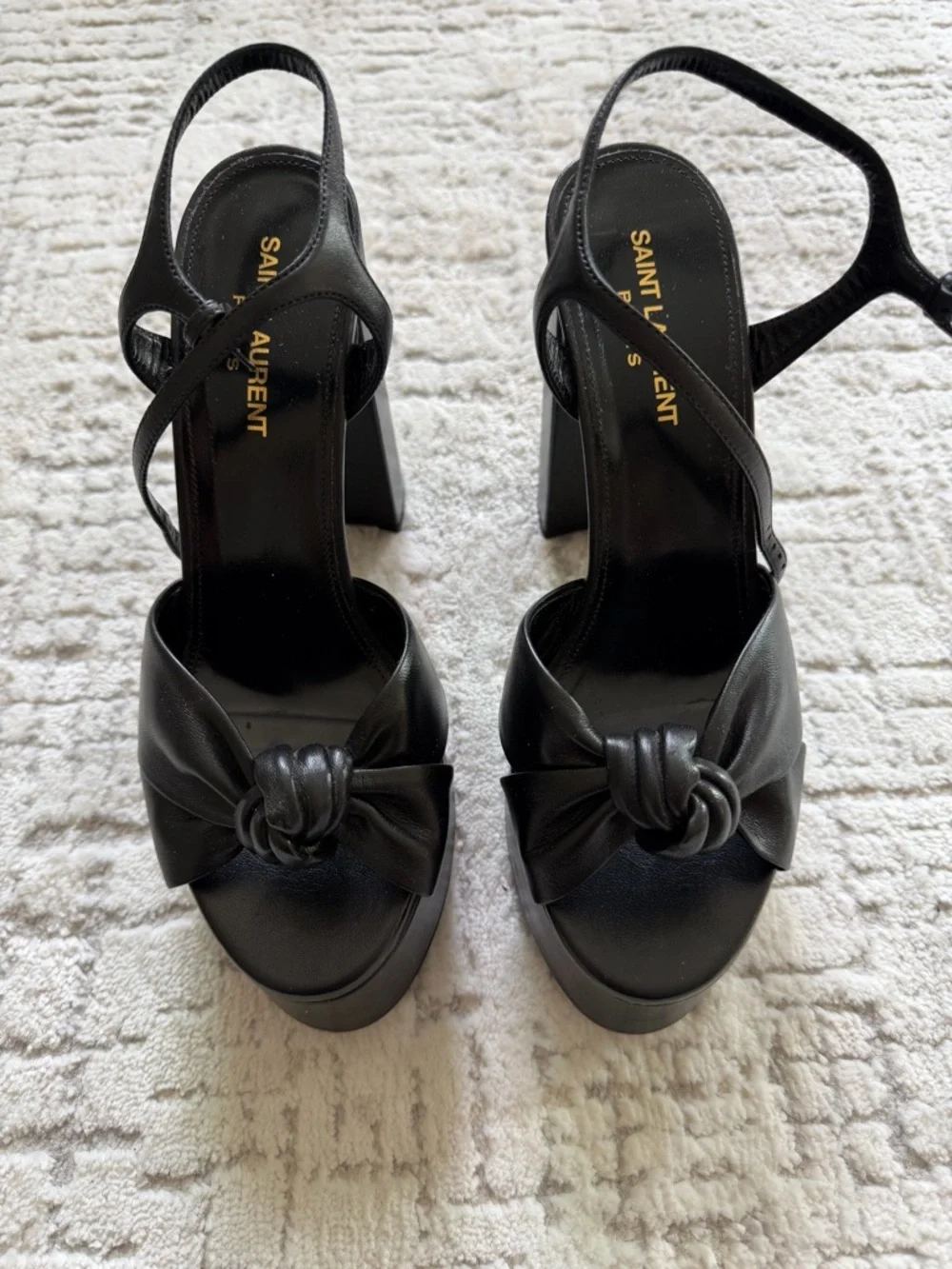 Saint Laurent Black Leather Knot Slingback Platforms - Picture 1 of 5